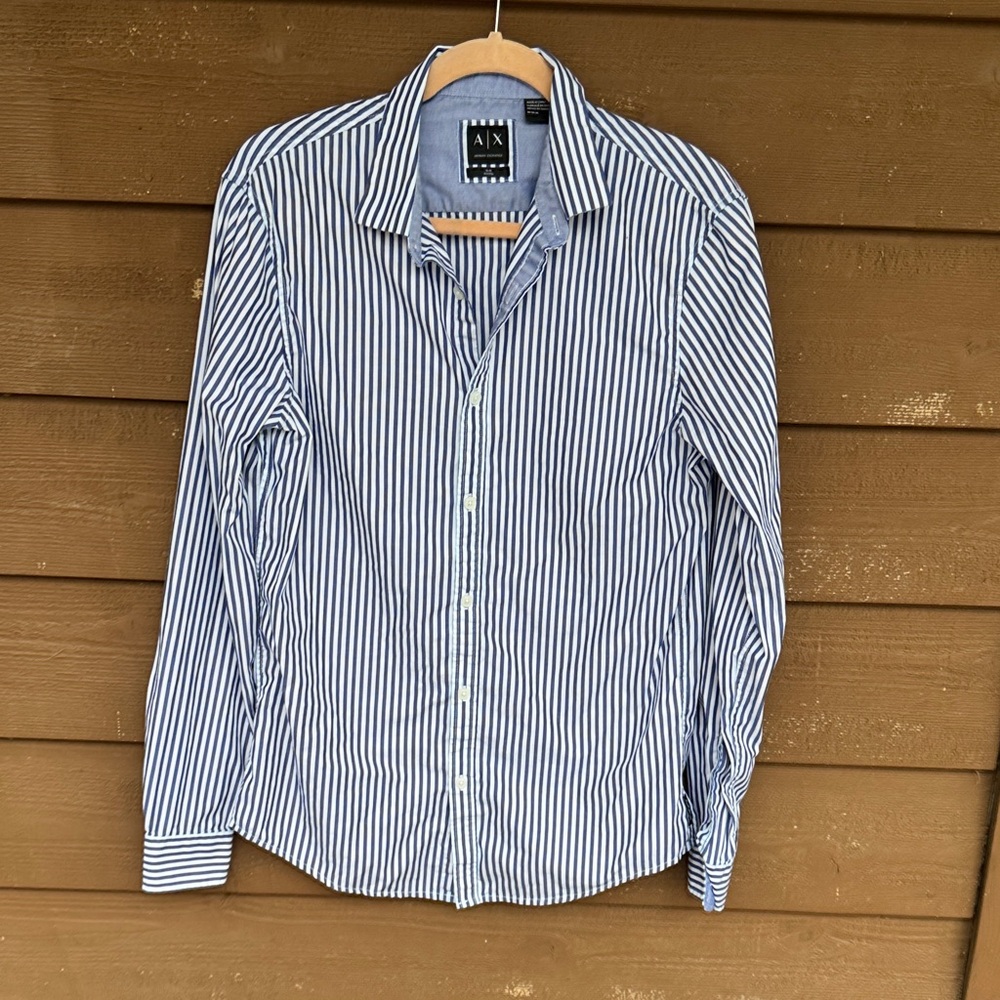A/X Armani Exchange Slim Fit Navy & White Vertical Stripe Dress Shirt size M